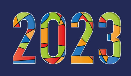 2023 written with geometric shapes of colors, red, blue, yellow and green on a blue background.