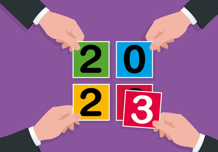 Greeting card under the sign of partnership and the union of skills, with the symbol of 4 hands holding colored squares to form the number 2023.のイラスト素材