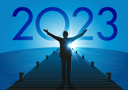 A hopeful 2023 greeting card featuring an optimistic businessman raising his arms to a new year that...