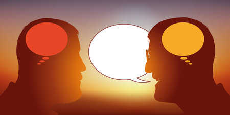 Concept of double talk with two men discussing face to face and trying to manipulate the other by lying.のイラスト素材