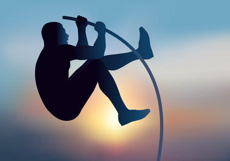 Symbol of sports performance and victory, with an athlete practicing the pole vault.のイラスト素材
