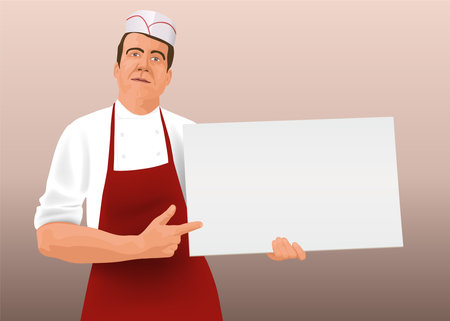 In a graphic cartoon style, a butcher seen from the front, presents a white sign to write an advertising message.のイラスト素材