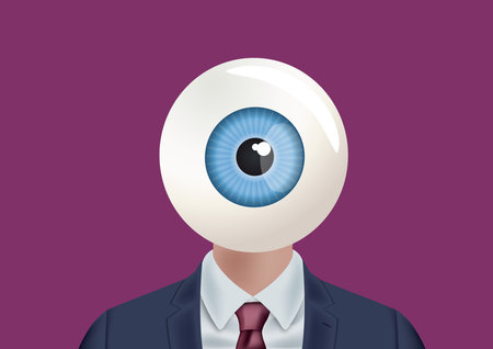 Concept of the event and the show with a man seen from the front whose face is replaced by an eye which symbolizes observation.のイラスト素材