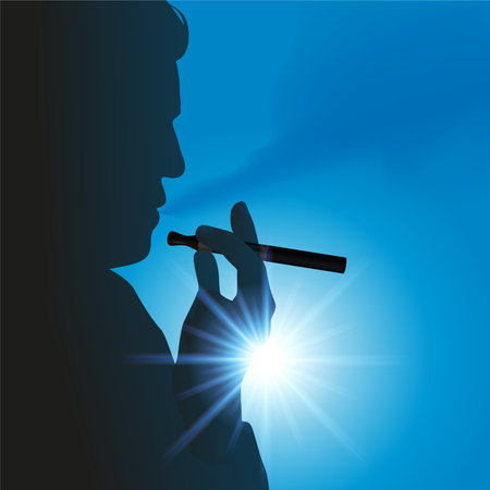 Concept of the fight against smoking and nicotine addiction, with the silhouette of a man who smokes an electronic cigarette.のイラスト素材