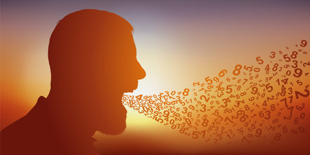 Concept of mathematical and physical sciences with a man who symbolically lets figures escape from his mouth.のイラスト素材