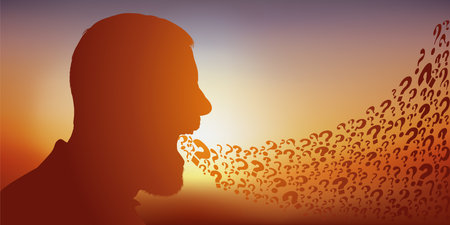 Frequently asked questions concept with a man dropping question marks out of his mouth waiting for answers.のイラスト素材