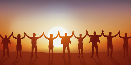 Concept of solidarity and union with men and women joining hands to form a human chain.のイラスト素材