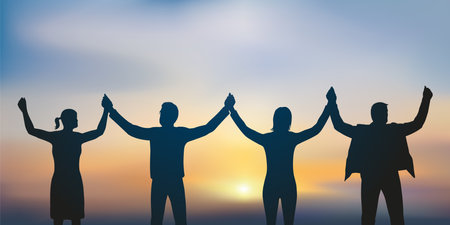 Concept of togetherness and success with four people joining hands as a sign of friendship.のイラスト素材