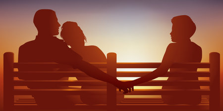 Concept of infidelity in couples with the symbol of a man who cheats on his wife and discreetly gives his hand to another.のイラスト素材