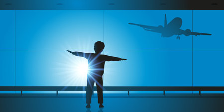 Concept of a child's dream with a young boy who imagines himself becoming a pilot by mimicking the flight of an airplane.のイラスト素材
