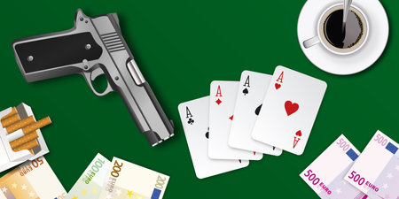 Top view composition on the subject of organized crime with the symbol of a gun, wads of cash and a poker game.のイラスト素材