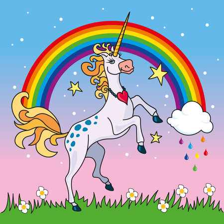 The concept of childhood and the fantastic animal with the symbol of a prancing unicorn in front of a rainbow.のイラスト素材