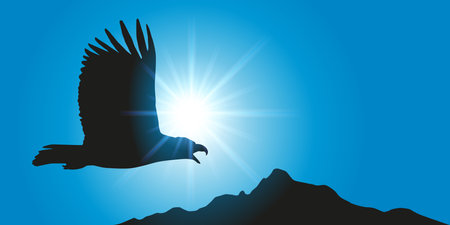 Concept of power with a golden eagle flying against the light, above a mountain range in front of a blue sky.のイラスト素材
