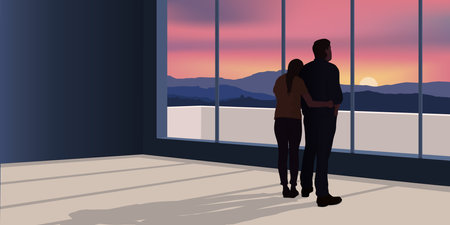 A couple who have just invested in real estate contemplate the mountain landscape seen from their apartment.のイラスト素材