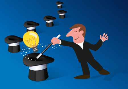 Concept of creation with a magician who brings an idea out of his hat, symbolized by a light bulb.のイラスト素材