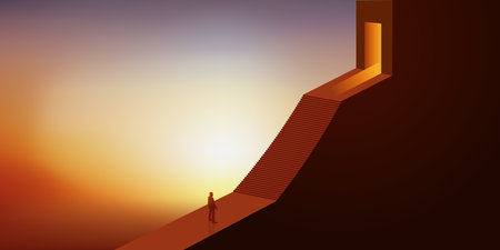 Concept of success with a man in front of a staircase that will allow him to climb the hierarchy and obtain leadership.のイラスト素材