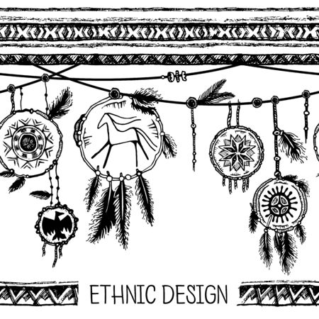 Hand drawn painted seamless pattern. Set of ink ethnic stripesのイラスト素材