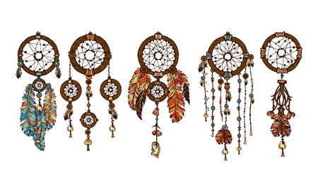 Set of 5 colored dreamcatchers. Hand-drawn with ink dream catcher with feathers. Ethnic illustration, tribal, American Indians traditional symbol. Tribal theme.のイラスト素材