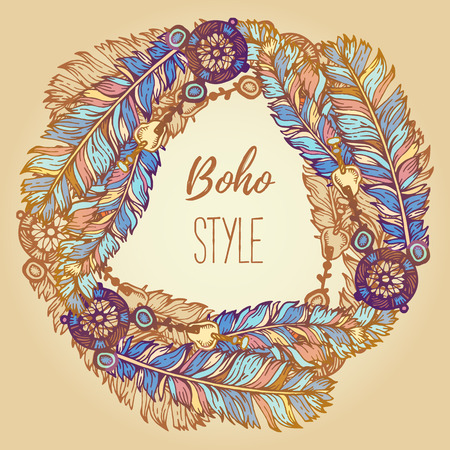 Hand drawn background with painted feathers, arrows and beads. Wreath border. Ethnic frame. Boho Colorful vector Illustration. Summer t-shirt designのイラスト素材