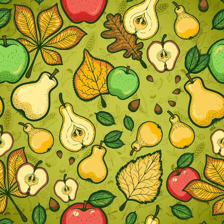 Thanksgiving Day seamless pattern with fruits and leaves of trees. Pear and appleのイラスト素材