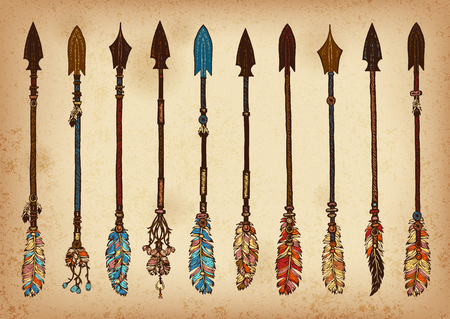 Set of 10 colored hand drawing ink traditional indian arrow. Elements in native style for greeting card and postcard, henna and tattoo design.のイラスト素材