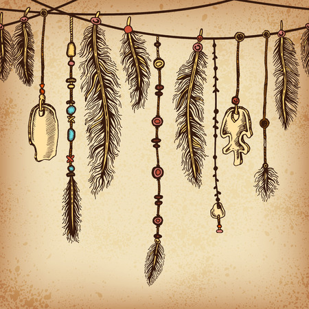 Ethnic Borders with feathers and stripe. Tribal themeのイラスト素材