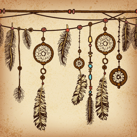 Ethnic background in native style. Borders with feathers and stripe. Tribal themeのイラスト素材