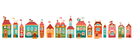 Background with multi-colored cute house in children style. Vector illustration. Horizontal borderのイラスト素材
