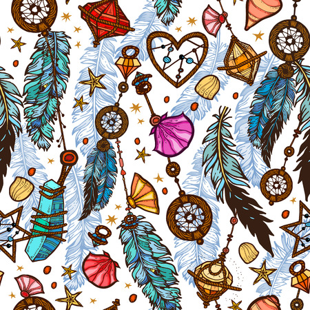 Ethnic feather seamless pattern in boho style.のイラスト素材