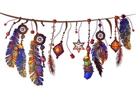 Seamless border with feathers and crystalsのイラスト素材