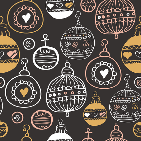Chalkboard seamless background pattern on with Christmas balls. Hand-Drawn Vector Illustration. Winter Doodles. Xmas decorationのイラスト素材