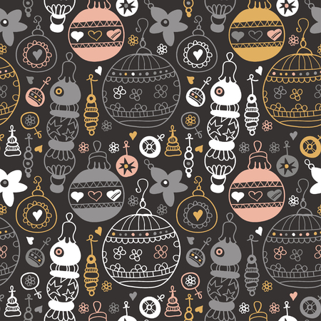 Chalkboard seamless background pattern on with Christmas balls. Hand-Drawn Vector Illustration. Winter Doodles. Xmas decorationのイラスト素材