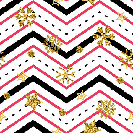Golden snowflakes pattern in zigzag. Classic Christmas chevron seamless background. Zigzag and stripe line. Yellow and white colors. For invitation, web, textile, wallpaper, wrapping paper.のイラスト素材