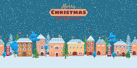 Snowy christmas street. Winter city panorama. Cartoon town at holiday eve.Vector flat illustration. Buildings decorated for New Year or Christmas celebration. Colored holiday bannerのイラスト素材
