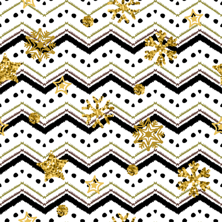 Golden snowflakes pattern in zigzag. Classic Christmas chevron seamless background. Zigzag and stripe line. Yellow and white colors. For invitation, web, textile, wallpaper, wrapping paper.のイラスト素材