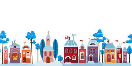 Winter landscape.Christmas background with fairy tale houses. Snowy town at holiday eve.Vector illustration.のイラスト素材