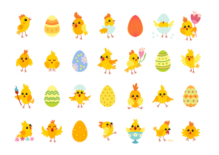 Big Easter chicken characters and egg set of flat style isolated on white background. Vector illustration. Egg hunt Sunday. Easter collectionのイラスト素材