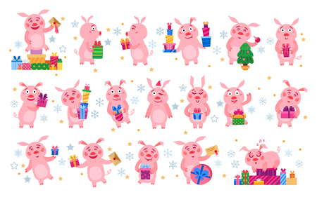 Set of christmas pigs with christmas gifts. Vectorのイラスト素材