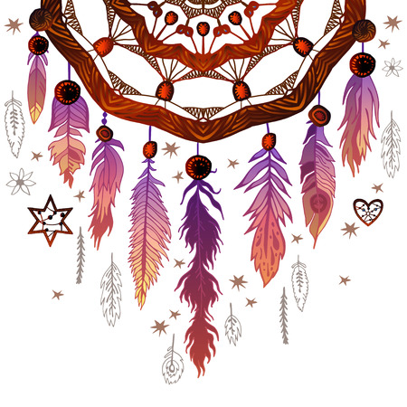 Background of textured feathers and crystals in aztec style. Border with ornate boho vintage style summer t-shirt designのイラスト素材