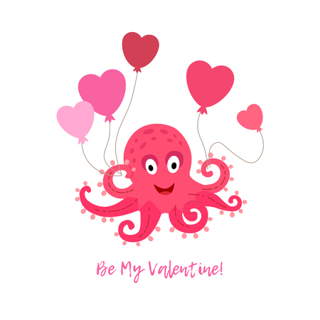Valentine's day greeting card with cartoon character isolated octopus and air balloons on white background. Vector illustration. Holiday greetings with funny animals.のイラスト素材