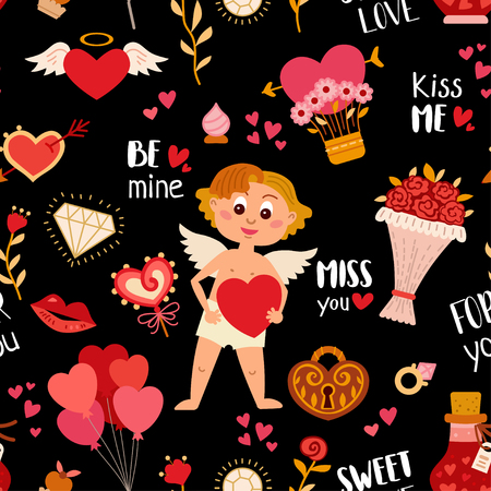 Seamless pattern with love elements. Vector illustration for Valentine's day. Romantic design with hearts, angel cupid, love letter, heart lock, love potion, bouquet of flowers, balloon heartのイラスト素材