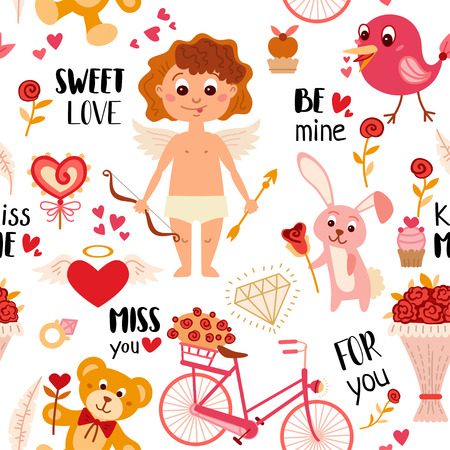 Seamless pattern with love elements. Vector illustration for Valentine's day. Romantic design with hearts, angel cupid, teddy bear, love letter, bike, rabbit and rose, bird, bouquet of flowersのイラスト素材