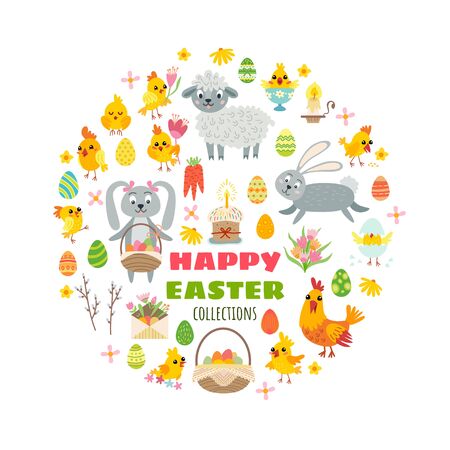 Easter Flat Icons Set. Cartoon background with circle shapedのイラスト素材