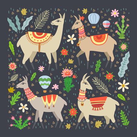 Lama set in cartoon style. Llama and cacti.のイラスト素材