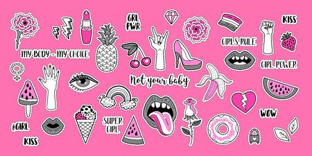Girl Power set. Trendy collection of patch badgesのイラスト素材