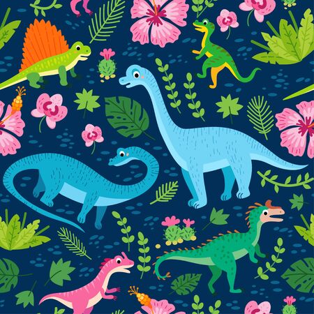 A Childish dinosaurs and tropical leaves patternの写真素材