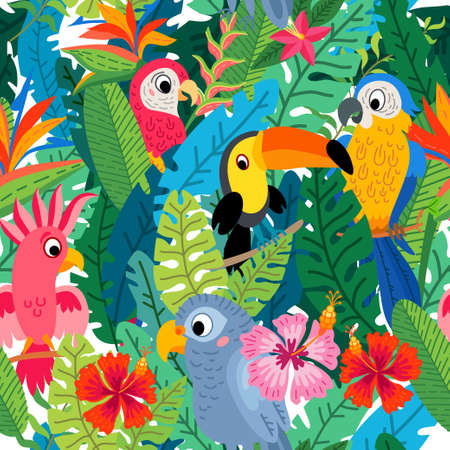 Zoo Jungle pattern. A tropical bird background.のイラスト素材