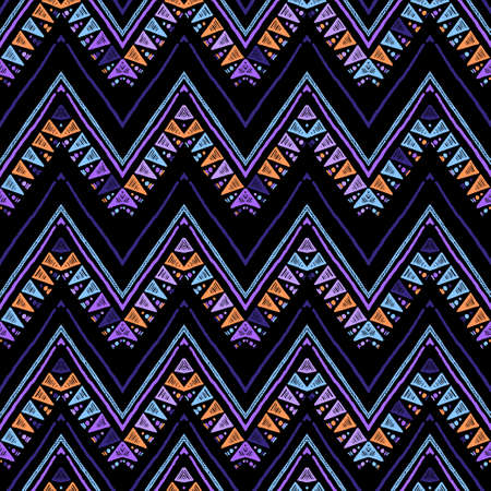 Seamless ethnic zigzag chevron pattern. Hand drawn colorful geometric background. Striped tribal motifs. Vector illustrationのイラスト素材