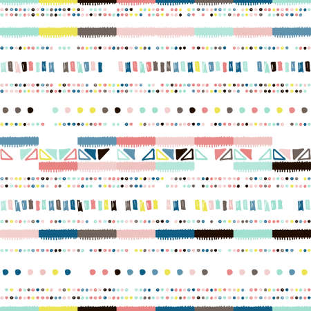 Hand drawn stripe seamless with simple Scandinavian ornament. Nursery geometric chevron vector pattern. Polka dot elementsのイラスト素材