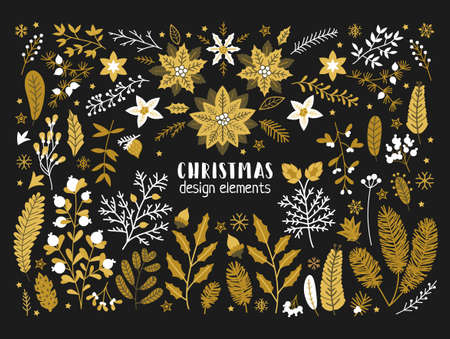 Christmas floral collection with golden design elements. Set of vintage Merry Christmas And Happy New Year flowers and branches other floral ornaments for scrapbooking, stickers, planner, invitationsのイラスト素材